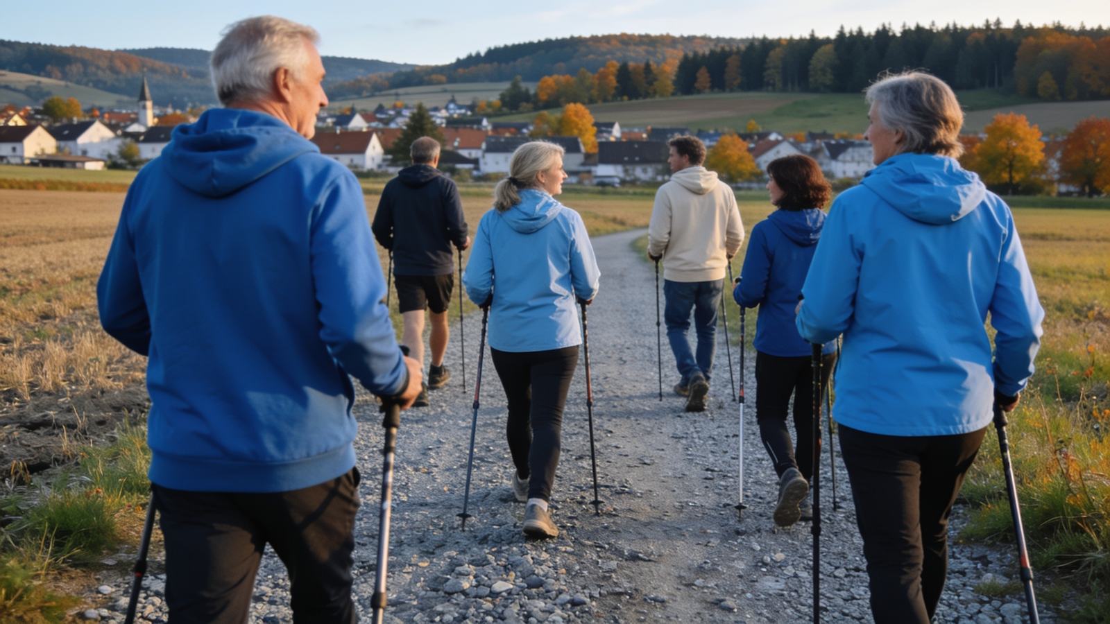 Illustration: Gruppe beim Nordic Walking auf einem Feldweg am Ortsrand