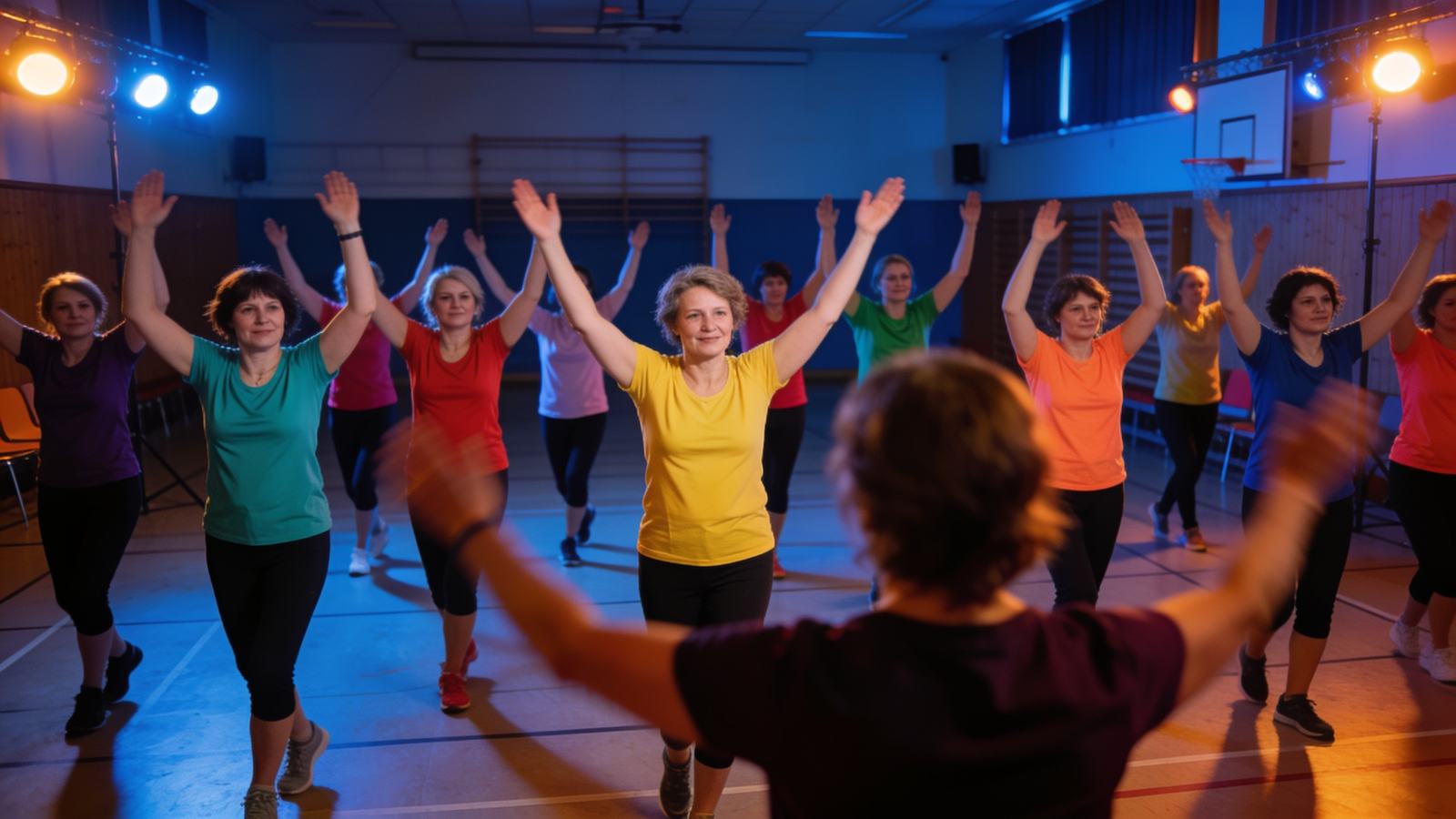 Illustration: Zumba-Kurs in einer Schulaula